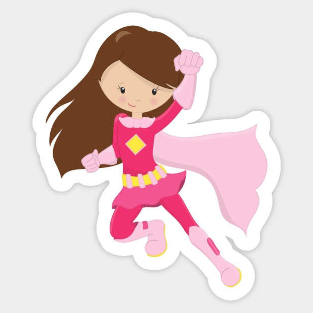 Superhero Girl, Cute Girl, Brown Hair, Pink Cape Sticker by Jelena Dunčević